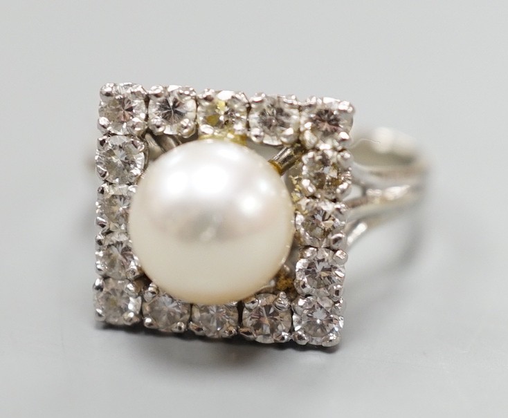 A white metal, cultured pearl and diamond set square cluster ring, size M, gross weight 5.5 grams.